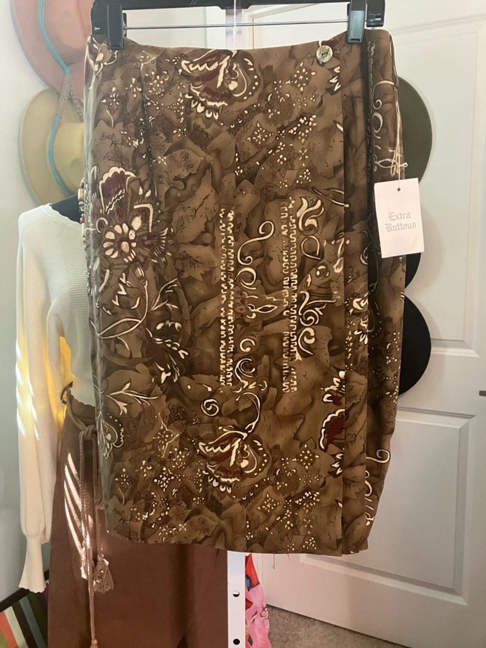 Dana Buchman Silk Brown Floral Wrap Pencil Skirt with Cream and Burgundy Details